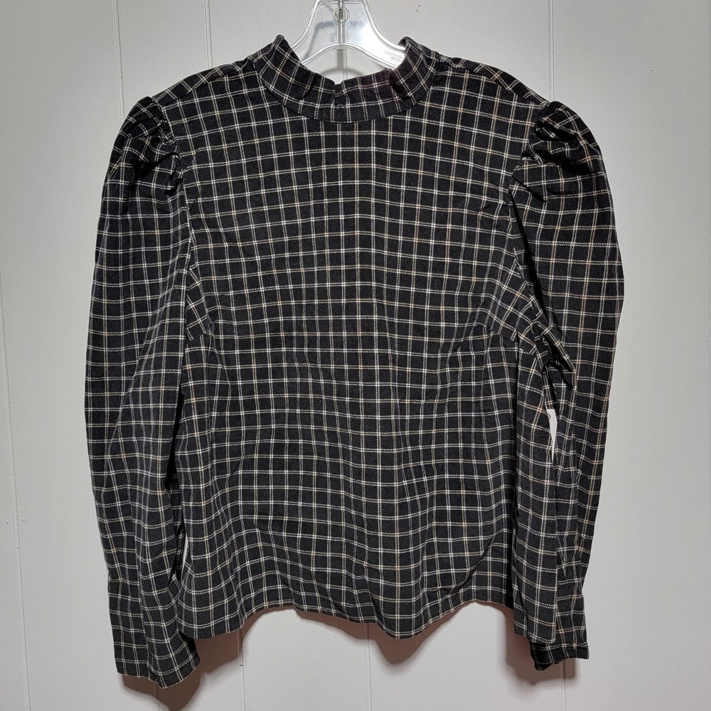 Time and Tru XXL Plaid Corduroy Puff Sleeve Tie Back Mock Neck Blouse Black